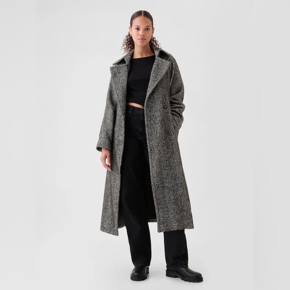 NWT! GAP Black Double-Breasted Herringbone Trench Coat - Size XS